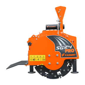 A Farmry SG24 Pro 3-Point PTO Stump Grinder with two torsion springs, speed indicator, 34 carbide teeth, slip clutch PTO shaft, and visible safety labels is shown against a white background. For 15-45HP tractors.