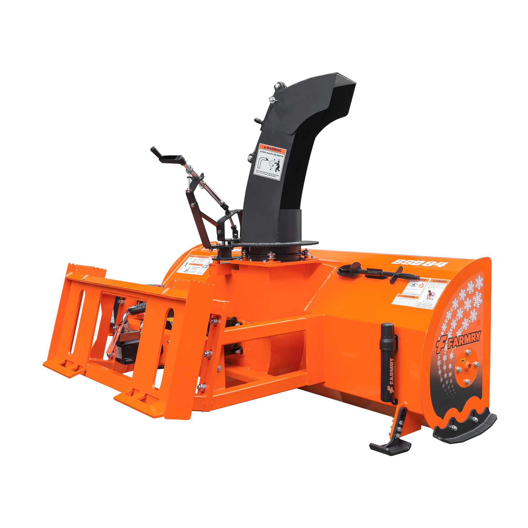 84” Skid Steer Snow Blower, 50-100 HP, REQ.Hydraulic Flow 16 -21GPM , 24” Diameter Impeller, Manual 360° Snow Chute, Snow Shovel for JAM Clearance included,  SSB84