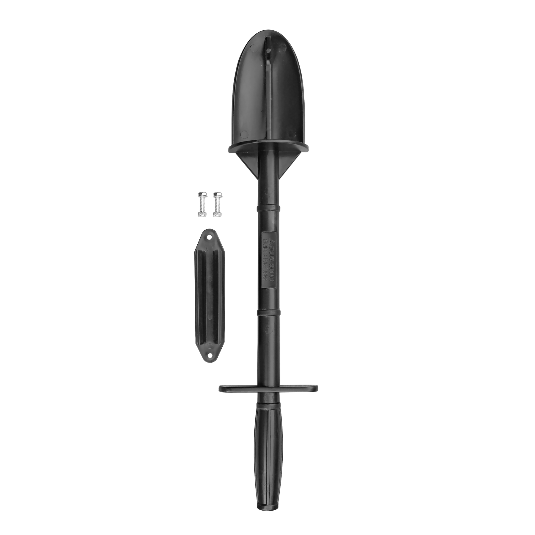 A black farmry snow shovel (1 Pcs/Kit, SKU: 104401A/104402A/104403A/104301A/104302A/104303A/104304A) for SSB60/SSB72/SSB84/TSB48/TSB60/TSB72/TSB84 is shown with its wall-mount bracket and two screws on a light gray background.