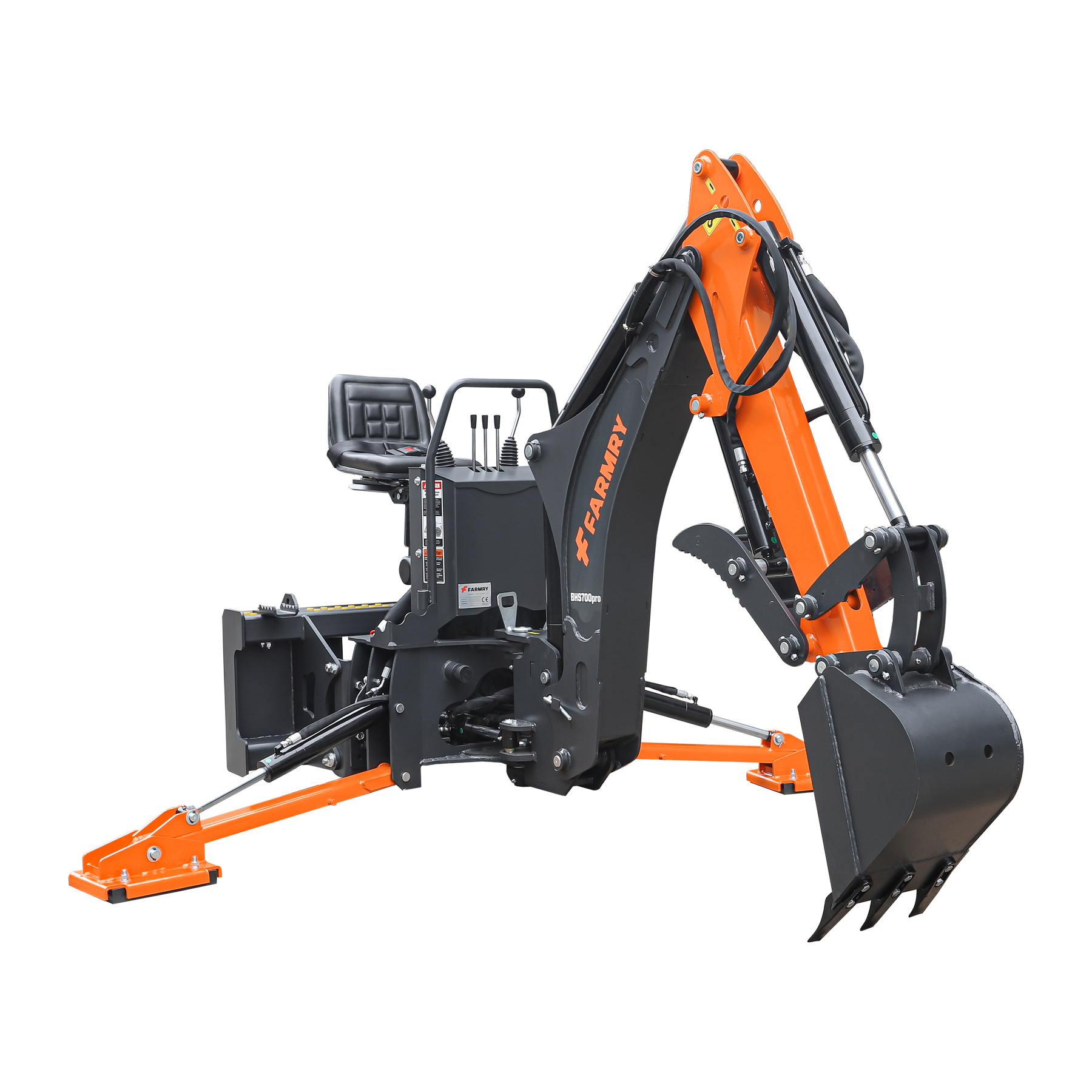 The Farmry BHS700Pro 7' Skid Steer Loader Backhoe features a curved boom, 12" bucket, hydraulic grapple thumb, Italian WALVOIL seven-way hydraulic valve, and suits 30-50 HP tractors—ideal for digging in construction or landscaping.