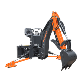 The Farmry BHS700Pro 7' Skid Steer Loader Backhoe features a curved boom, 12" bucket, hydraulic grapple thumb, Italian WALVOIL seven-way hydraulic valve, and suits 30-50 HP tractors—ideal for digging in construction or landscaping.