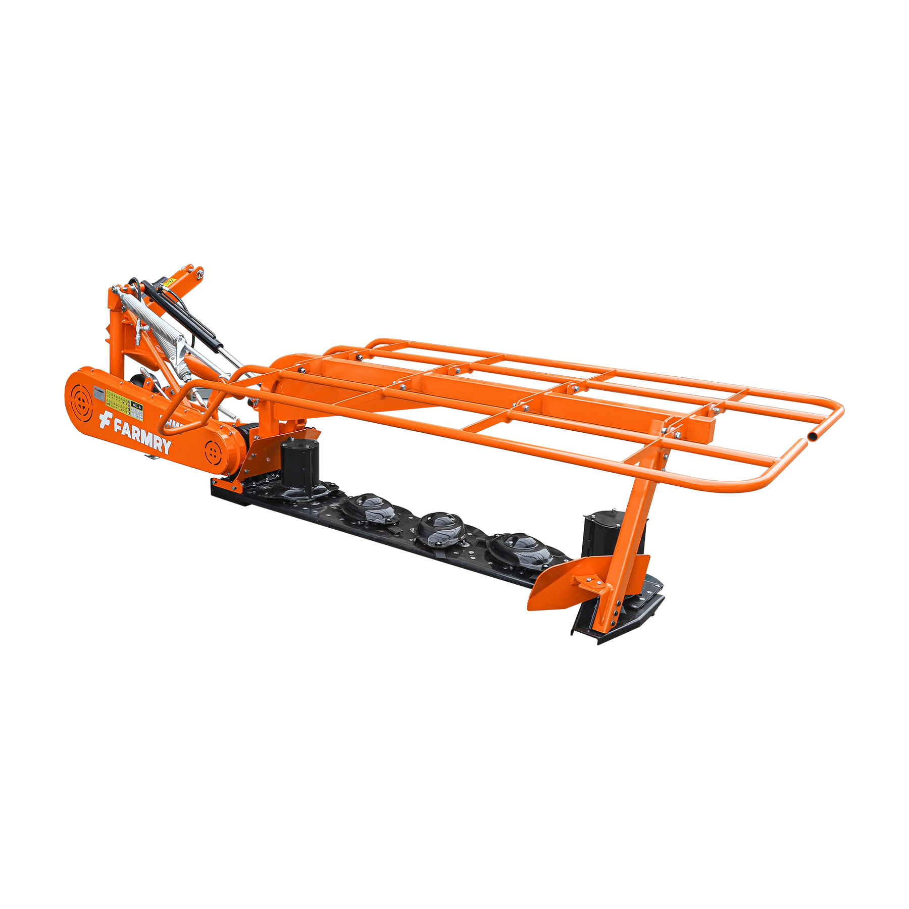 The Farmry 3 Point 81" Disc Mower (DHM7) for Category 1 & 2 tractors features 5 rotating discs, metal guards, and PTO power (35–80HP), making it ideal for cutting grass or crops in fields. The Farmry brand is visible on the side.