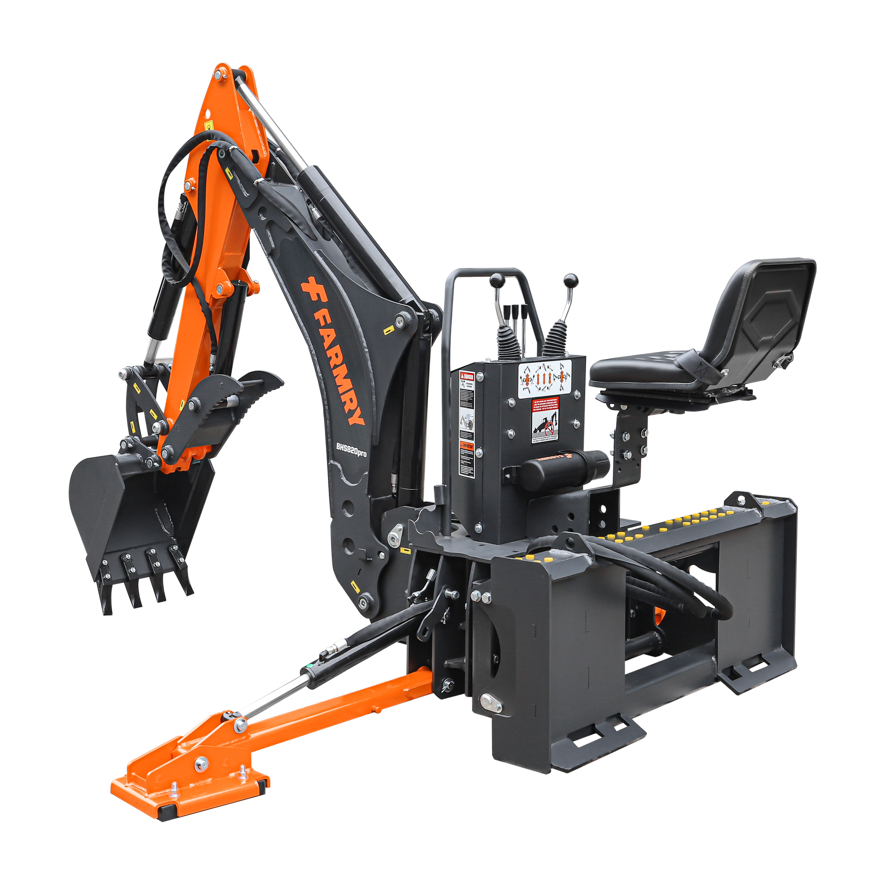 8 '2 " Skid Steer Loader  Backhoe with Curved Boom, Italian Original WALVOIL Seven Way Hydraulic Control Valve, 15" Bucket, Hydraulic Grapple Thumb included, for 30-65 HP , BHS820Pro