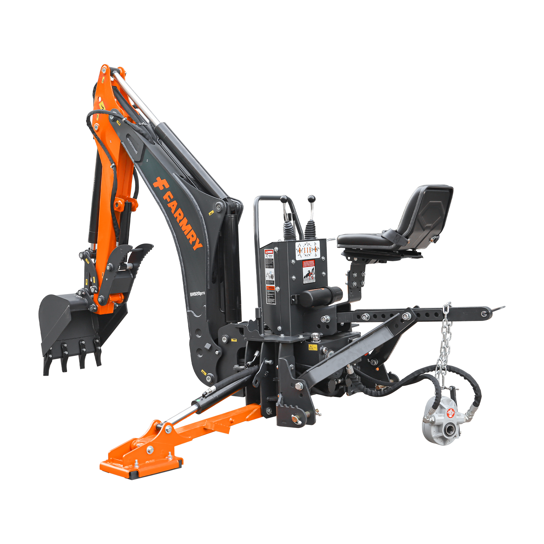 9 '2 " Tractor  Backhoe with Curved Boom, Italian Original WALVOIL Seven Way Hydraulic Control Valve, 18" Bucket, Hydraulic Grapple Thumb,  Self-Contained One-Piece Gear Pump&Hydraulic Reservoir included, for 45-120 HP, Cat 2 Hookup, BH920Pro