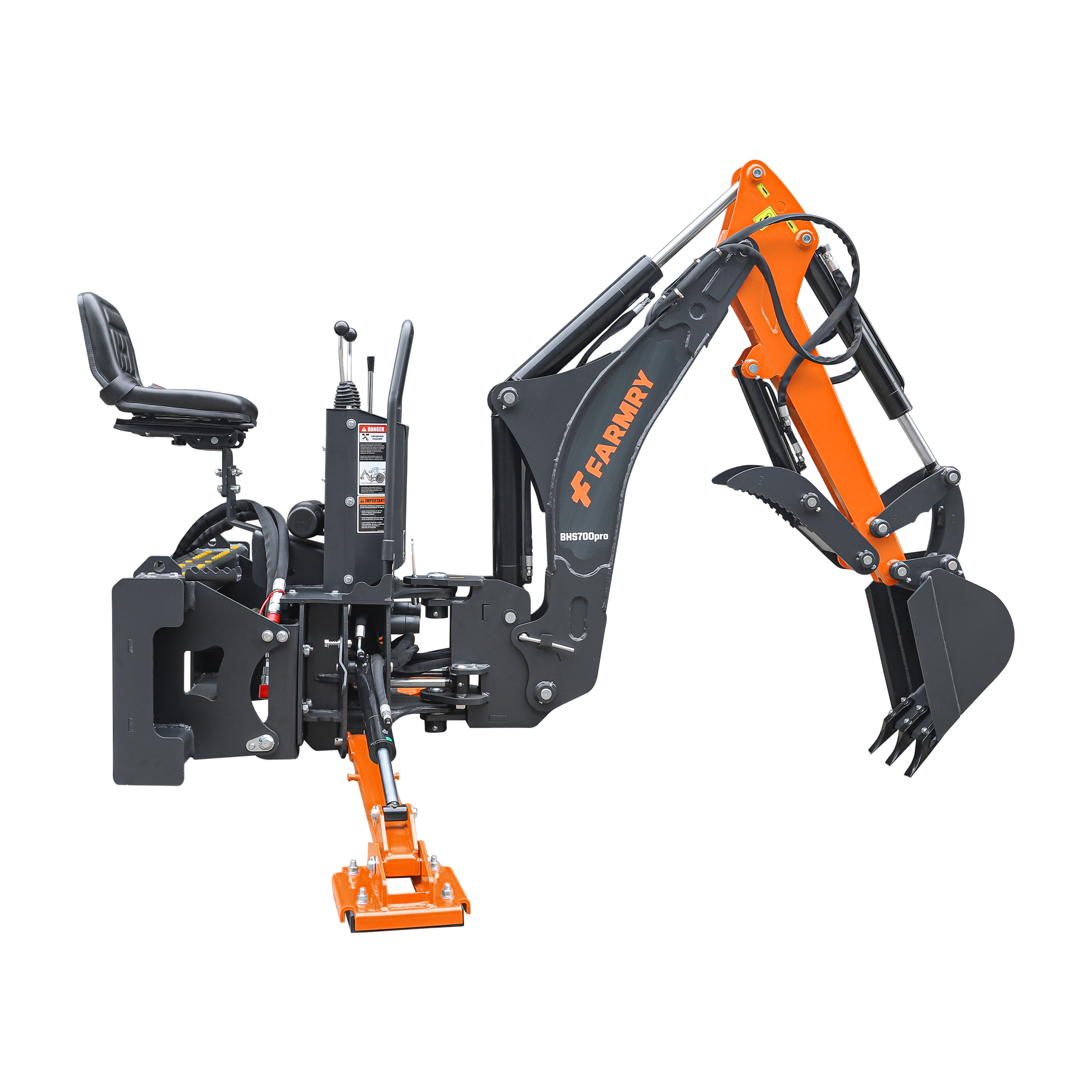 The Farmry 7' Skid Steer Loader Backhoe BHS700Pro features a curved boom, Italian WALVOIL 7-way hydraulic control valve, 12" bucket, hydraulic grapple thumb, and fits 30-50 HP machines—ideal for efficient digging tasks.