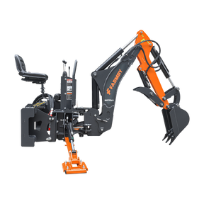The Farmry 7' Skid Steer Loader Backhoe BHS700Pro features a curved boom, Italian WALVOIL 7-way hydraulic control valve, 12" bucket, hydraulic grapple thumb, and fits 30-50 HP machines—ideal for efficient digging tasks.