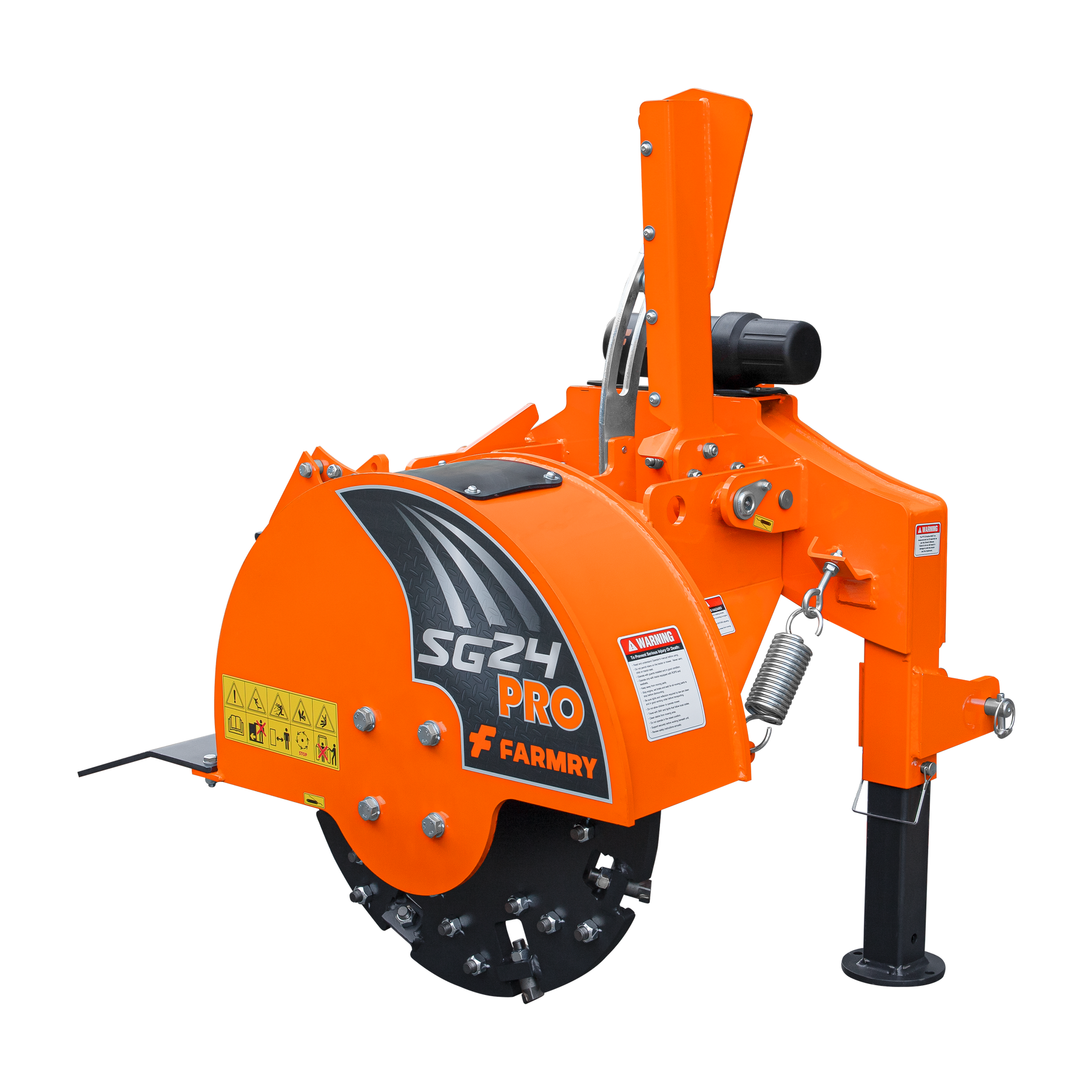 The Farmry SG24 Pro 3-Point PTO Stump Grinder features two torsion springs, a speed indicator, 34 carbide teeth, and a PTO shaft with slip clutch. It fits 15-45HP tractors and is ideal for efficient tree stump removal.