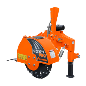 The Farmry SG24 Pro 3-Point PTO Stump Grinder features two torsion springs, a speed indicator, 34 carbide teeth, and a PTO shaft with slip clutch. It fits 15-45HP tractors and is ideal for efficient tree stump removal.