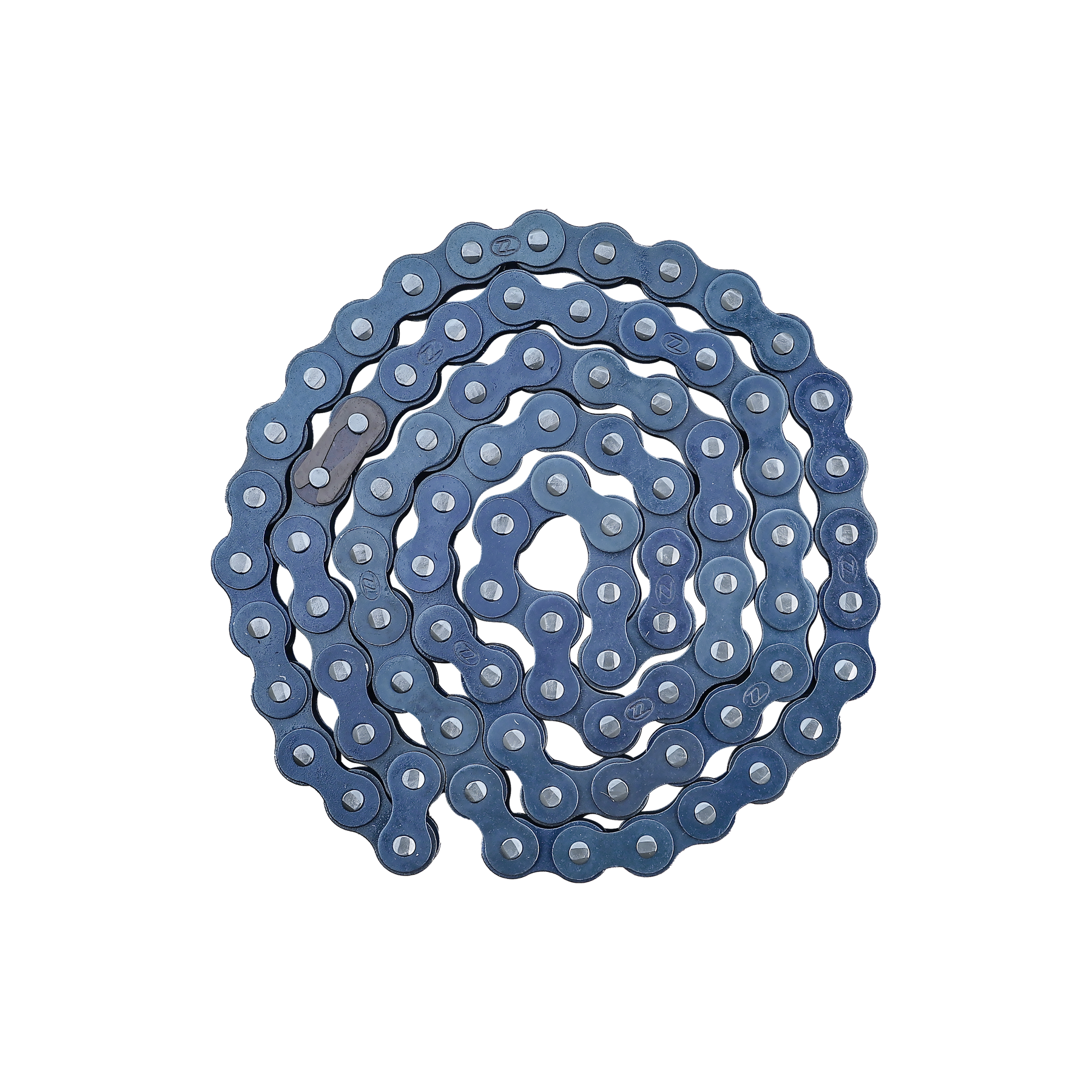 A blue metal farmry Roller Chain (1 Pcs/Kit) for SSB60/TSB48/TSB60 (104401A/104301A/104302A), coiled in a spiral shape on a plain white background.