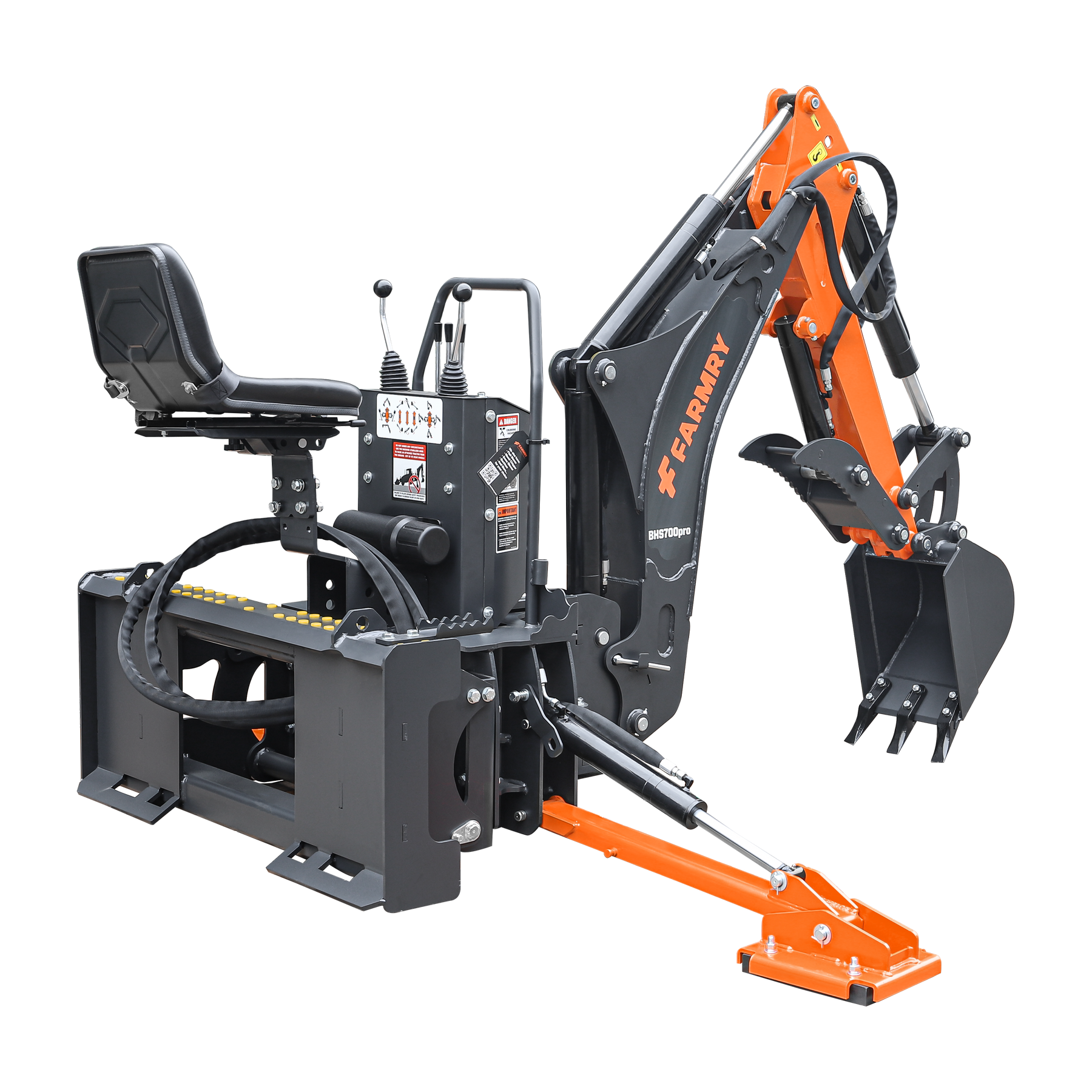 The Farmry BHS700Pro is a compact 7' skid steer loader backhoe with a curved boom, WALVOIL 7-way hydraulic control valve, 12" bucket, hydraulic grapple thumb, fits 30-50 HP vehicles—ideal for efficient digging.