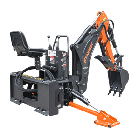 The Farmry BHS700Pro is a compact 7' skid steer loader backhoe with a curved boom, WALVOIL 7-way hydraulic control valve, 12" bucket, hydraulic grapple thumb, fits 30-50 HP vehicles—ideal for efficient digging.