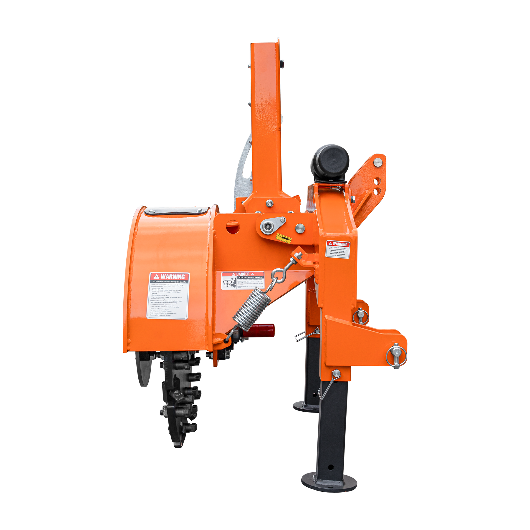 The Farmry 3-Point PTO Stump Grinder PRO (SG24 Pro) features two torsion springs, a speed indicator, 34 carbide teeth, and a PTO shaft with slip clutch, designed for 15-45HP tractors with a CAT 1 connection.