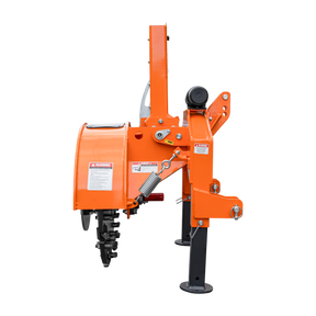 The Farmry 3-Point PTO Stump Grinder PRO (SG24 Pro) features two torsion springs, a speed indicator, 34 carbide teeth, and a PTO shaft with slip clutch, designed for 15-45HP tractors with a CAT 1 connection.