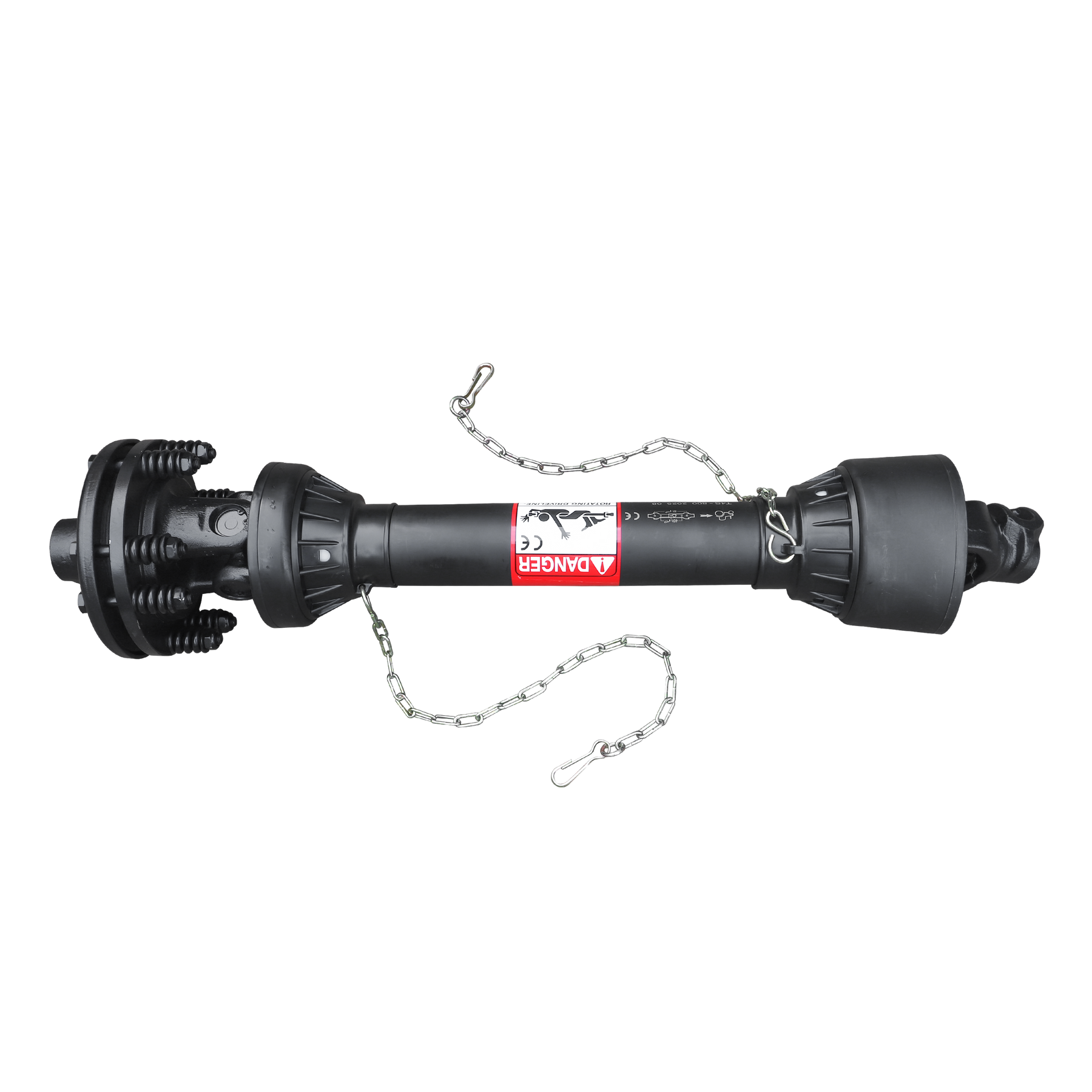 The farmry PTO Shaft (1 Pcs/Kit) for TSB48/60/72/84 (104301A/104302A/104303A/104304A) is a black mechanical drive shaft featuring end covers, a DANGER warning label, and two metal safety chains, displayed on a white background.