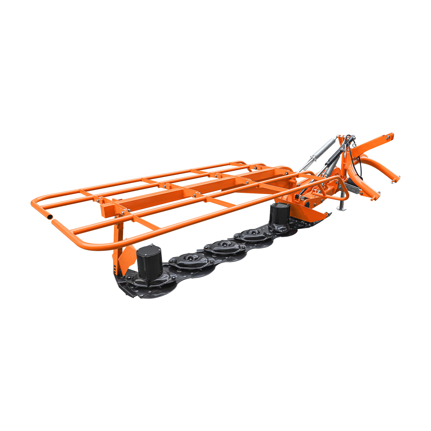 The Farmry DHM7 is an orange and black 3-point disc mower for Category 1 & 2 tractors, featuring a metal frame, 5 discs, PTO power (35–80HP), and an 81" cutting width. Shown against a plain white background.