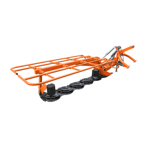 The Farmry DHM7 is an orange and black 3-point disc mower for Category 1 & 2 tractors, featuring a metal frame, 5 discs, PTO power (35–80HP), and an 81" cutting width. Shown against a plain white background.