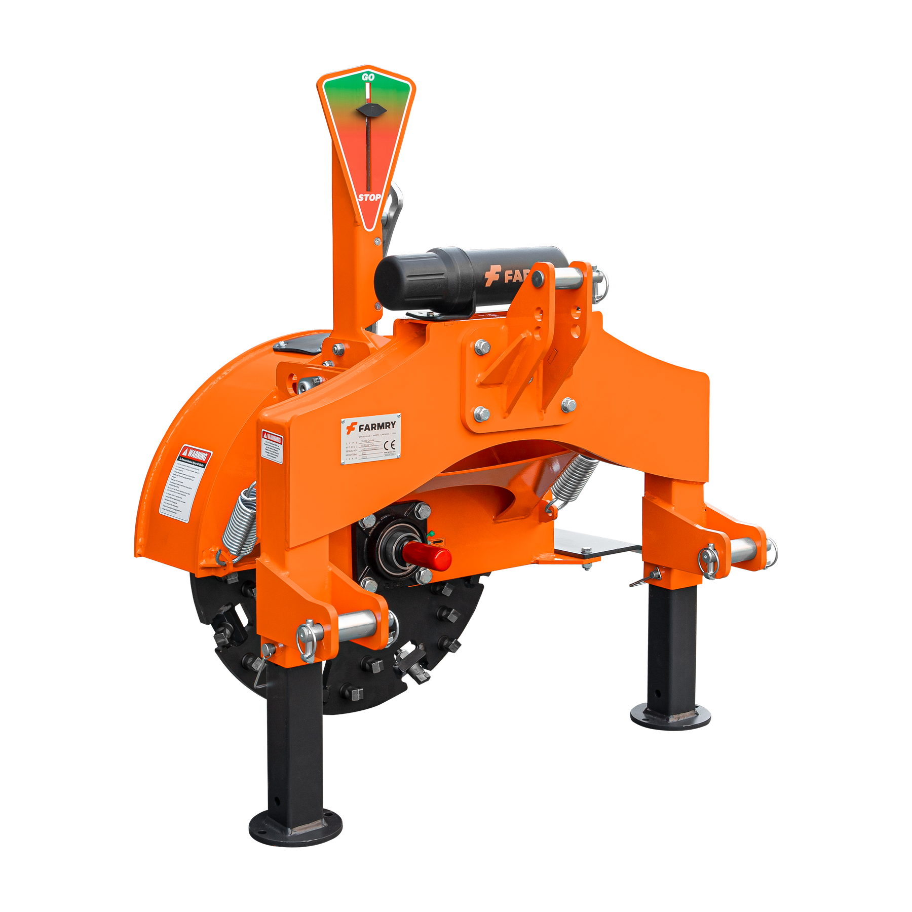 The Farmry 3-Point PTO Stump Grinder PRO (SG24 Pro) features two torsion springs, a speed indicator, 34 carbide teeth, PTO shaft with slip clutch, and stands on two support legs—ideal for 15-45HP tractors.