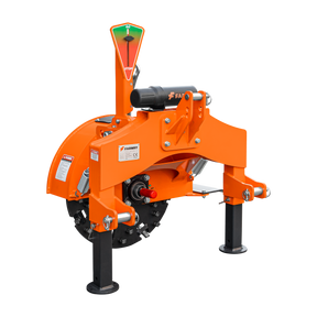 The Farmry 3-Point PTO Stump Grinder PRO (SG24 Pro) features two torsion springs, a speed indicator, 34 carbide teeth, PTO shaft with slip clutch, and stands on two support legs—ideal for 15-45HP tractors.