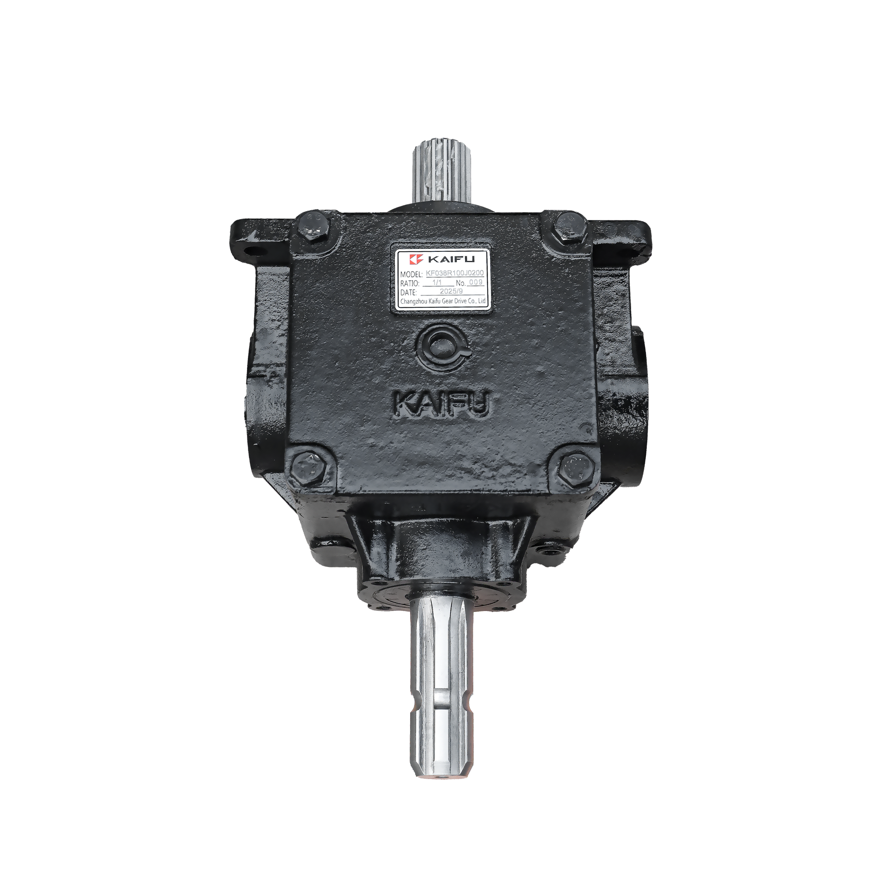 A black farmry gearbox (1 Pcs/Kit) for SSB60/SSB72/SSB84/TSB48/TSB60/TSB72/TSB84, with top and bottom metallic shafts, “KAIFU” label, and front ID plate. SKU: 104401A–104304A. White background.