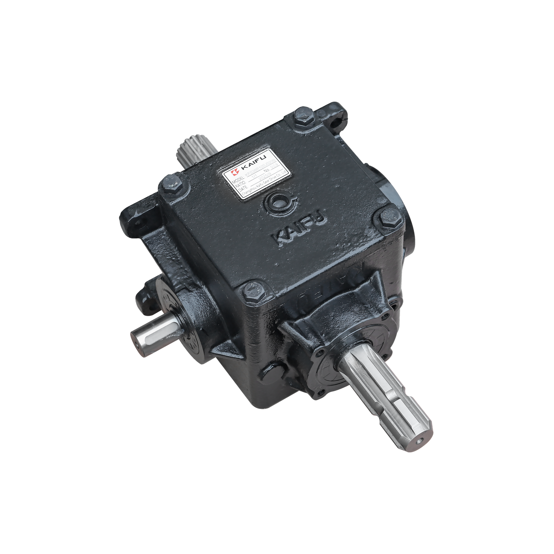 A farmry (1 Pcs/Kit) Gearbox for SSB60/SSB72/SSB84/TSB48/TSB60/TSB72/TSB84 (SKU:104401A-104304A), black with three metal shafts, sits on a light gray background. A labeled tag is attached to the top housing.