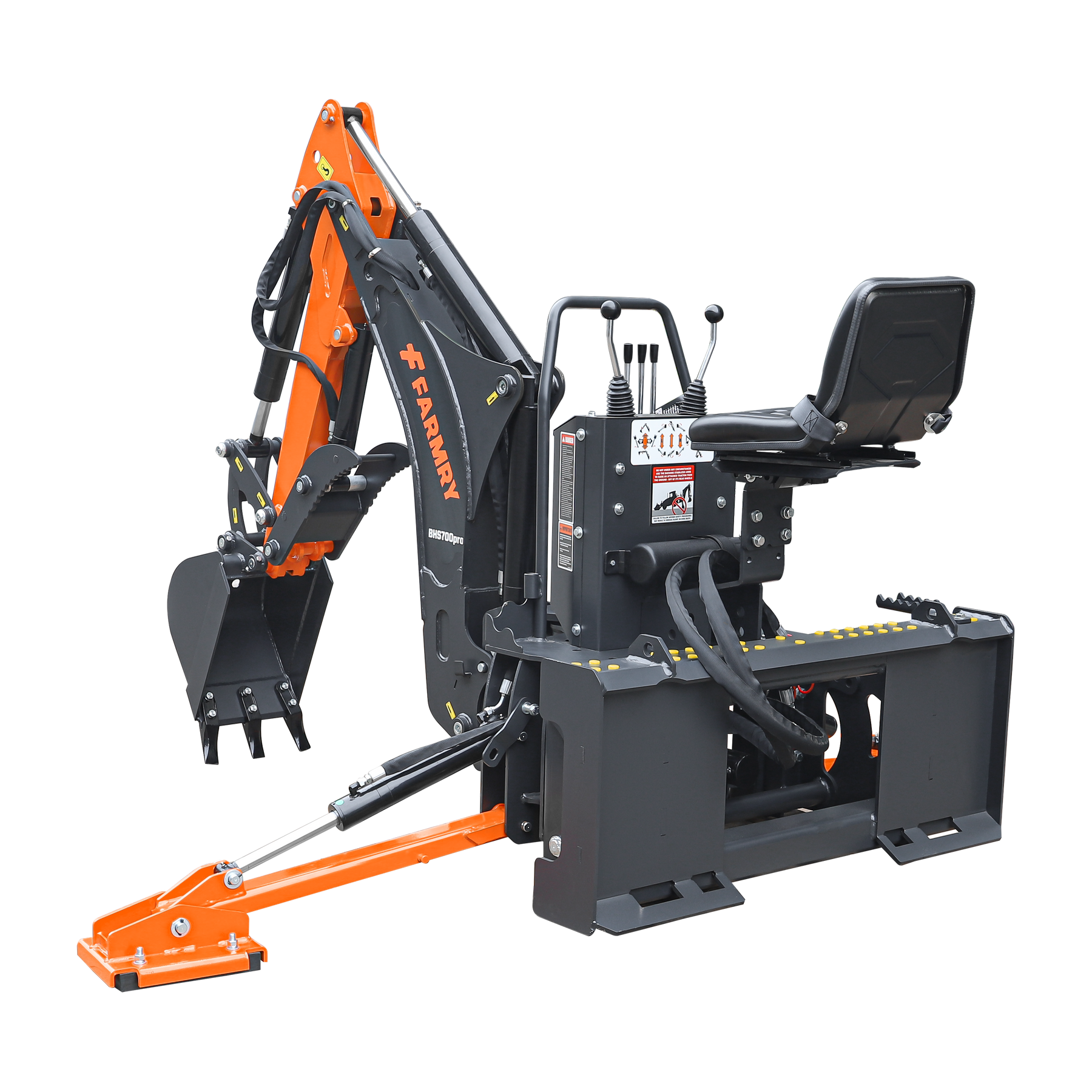 A compact orange and black Farmry 7' Skid Steer Loader Backhoe (BHS700Pro) with curved boom, Italian WALVOIL 7-way hydraulic valve, 12" bucket, hydraulic grapple thumb, control levers, stabilizing legs, for 30-50 HP machinery.