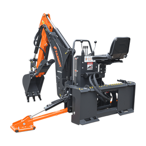 A compact orange and black Farmry 7' Skid Steer Loader Backhoe (BHS700Pro) with curved boom, Italian WALVOIL 7-way hydraulic valve, 12" bucket, hydraulic grapple thumb, control levers, stabilizing legs, for 30-50 HP machinery.
