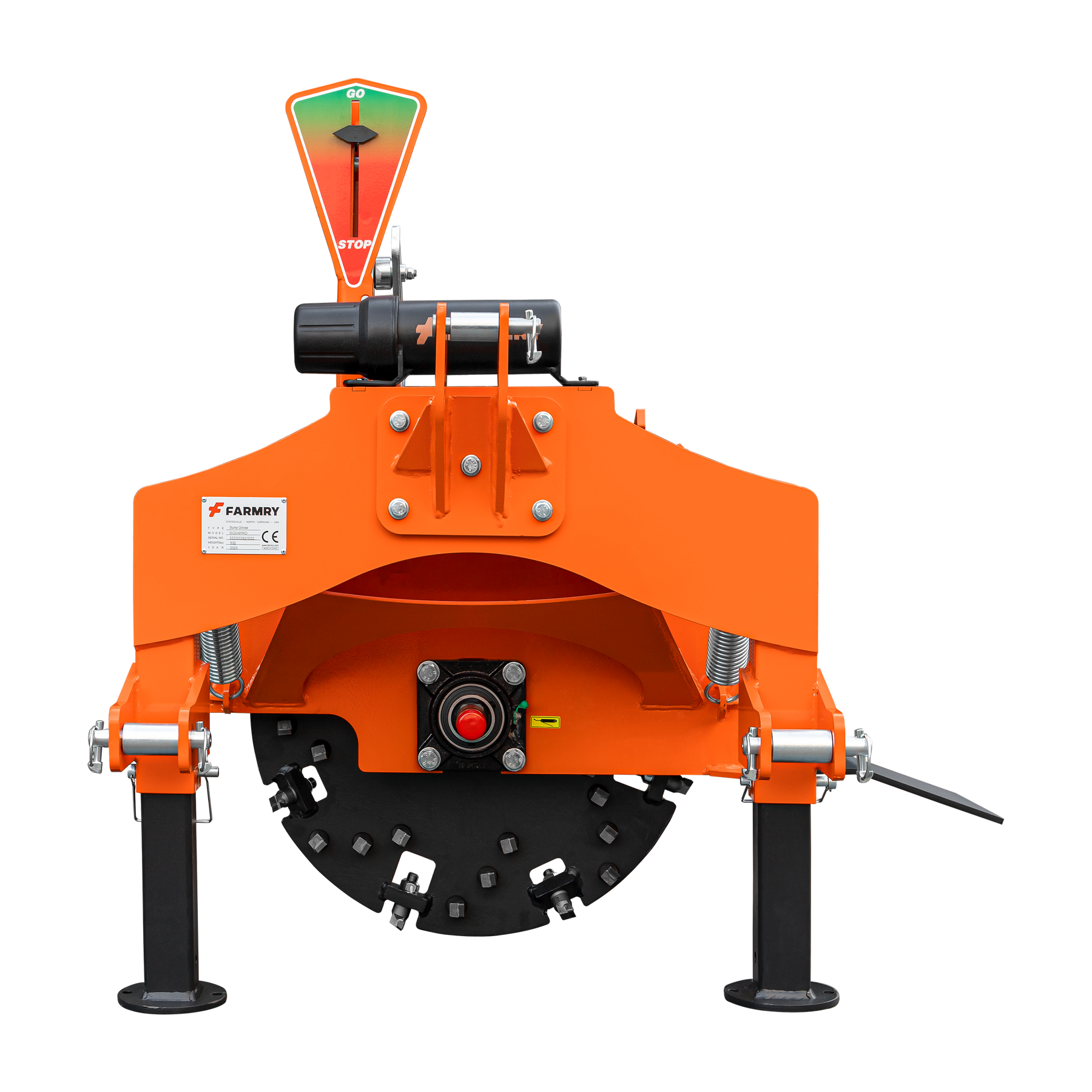 Front view of the Farmry SG24 Pro 3-Point PTO Stump Grinder PRO with speed indicator, two torsion springs, 34 carbide teeth, brand label on the left, and included PTO shaft. Fits 15-45HP tractors. Background is plain white.
