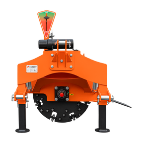 Front view of the Farmry SG24 Pro 3-Point PTO Stump Grinder PRO with speed indicator, two torsion springs, 34 carbide teeth, brand label on the left, and included PTO shaft. Fits 15-45HP tractors. Background is plain white.