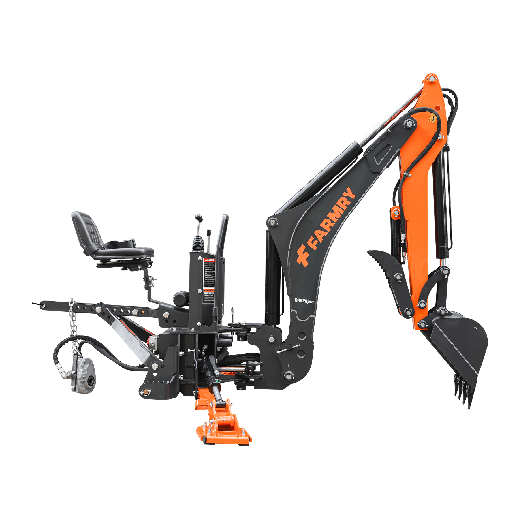 9 '2 " Tractor  Backhoe with Curved Boom, Italian Original WALVOIL Seven Way Hydraulic Control Valve, 18" Bucket, Hydraulic Grapple Thumb,  Self-Contained One-Piece Gear Pump&Hydraulic Reservoir included, for 45-120 HP, Cat 2 Hookup, BH920Pro