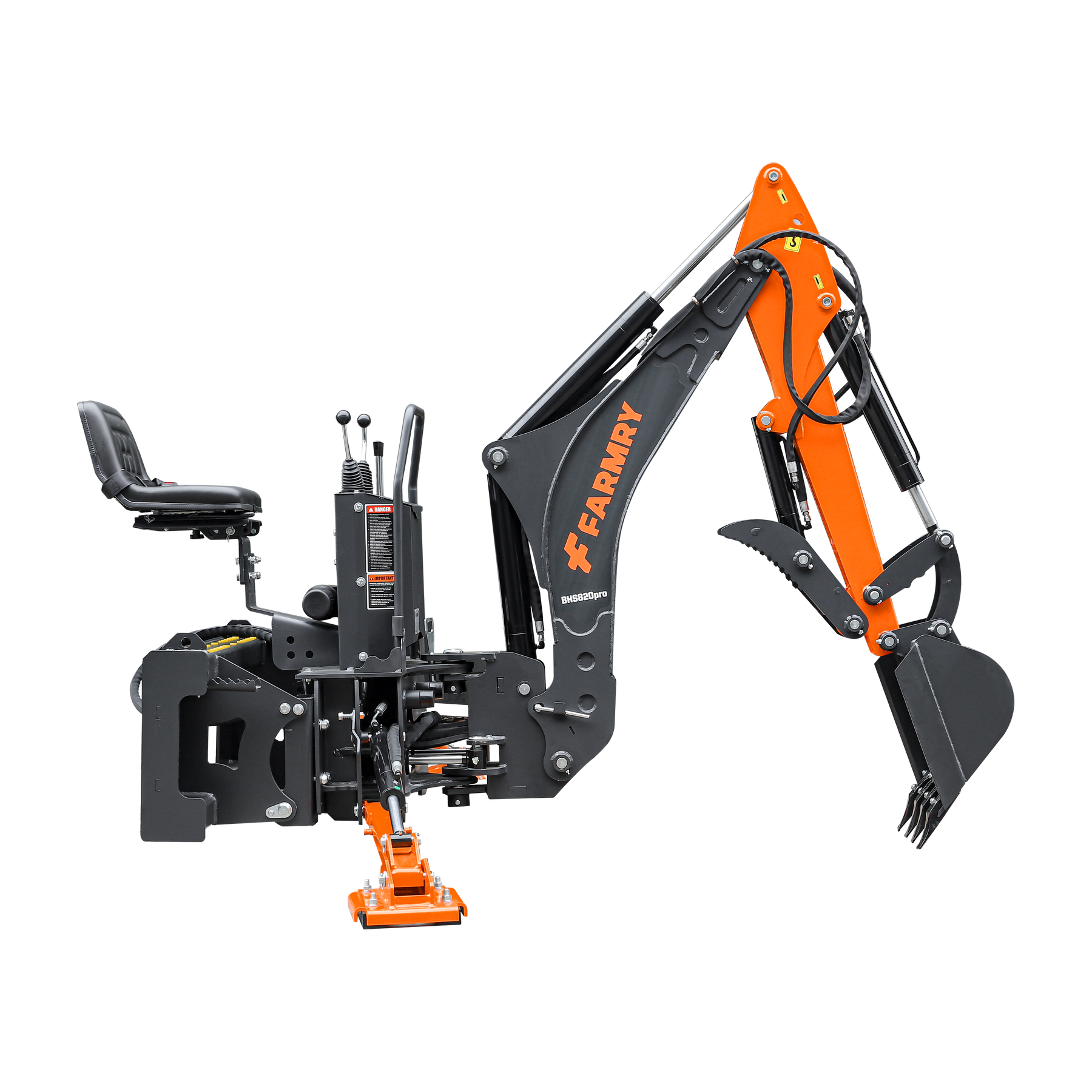 8 '2 " Skid Steer Loader  Backhoe with Curved Boom, Italian Original WALVOIL Seven Way Hydraulic Control Valve, 15" Bucket, Hydraulic Grapple Thumb included, for 30-65 HP , BHS820Pro