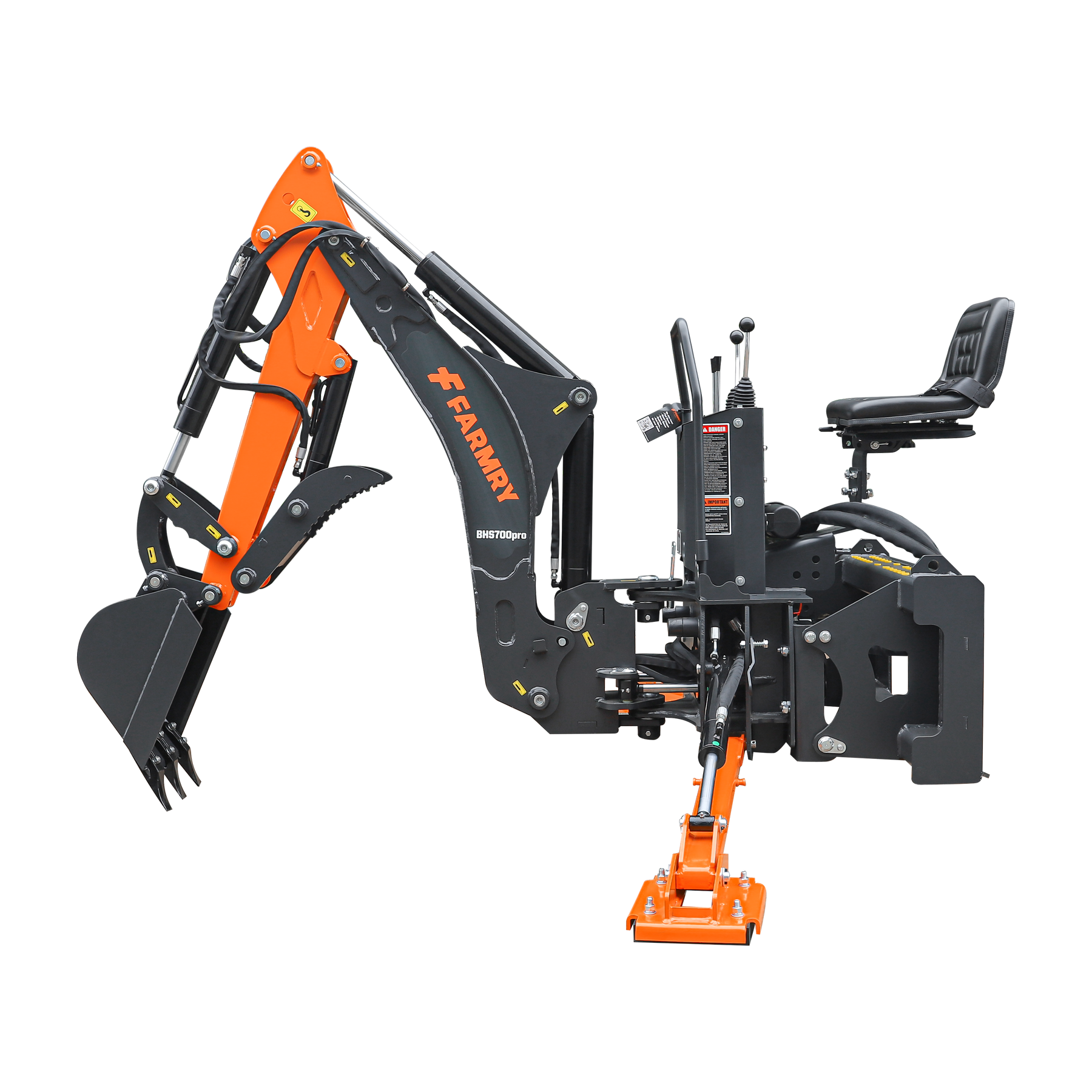 A black and orange Farmry BHS700Pro 7' skid steer loader backhoe with curved boom, WALVOIL seven-way hydraulic valve, 12" bucket, hydraulic grapple thumb, for 30-50 HP. Shown isolated on a white background.