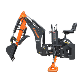 A black and orange Farmry BHS700Pro 7' skid steer loader backhoe with curved boom, WALVOIL seven-way hydraulic valve, 12" bucket, hydraulic grapple thumb, for 30-50 HP. Shown isolated on a white background.