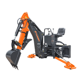 The Farmry BHS700Pro is a 7' skid steer loader backhoe with a curved boom, Italian WALVOIL 7-way hydraulic control valve, 12" bucket, and hydraulic grapple thumb. It suits 30-50 HP tractors and offers stabilizing legs for impressive digging depth.