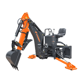 The Farmry BHS700Pro is a 7' skid steer loader backhoe with a curved boom, Italian WALVOIL 7-way hydraulic control valve, 12" bucket, and hydraulic grapple thumb. It suits 30-50 HP tractors and offers stabilizing legs for impressive digging depth.