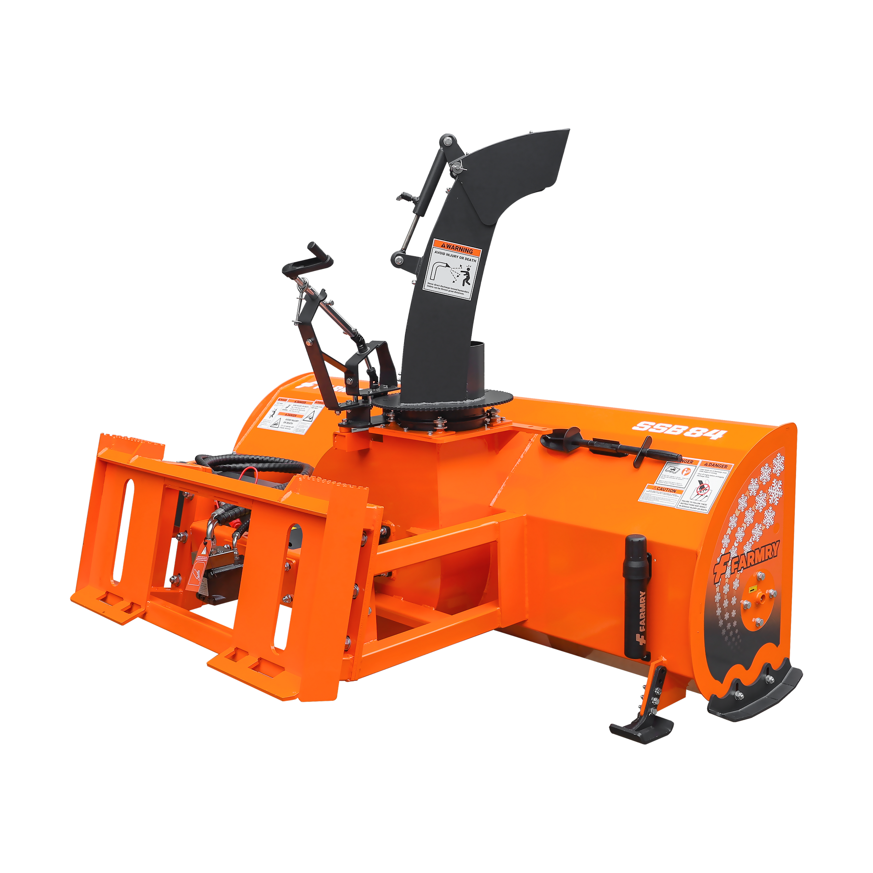 84” Skid Steer Snow Blower, 50-100 HP, REQ.Hydraulic Flow 16 -21GPM , 24” Diameter Impeller, Manual 360° Snow Chute, Snow Shovel for JAM Clearance included,  SSB84