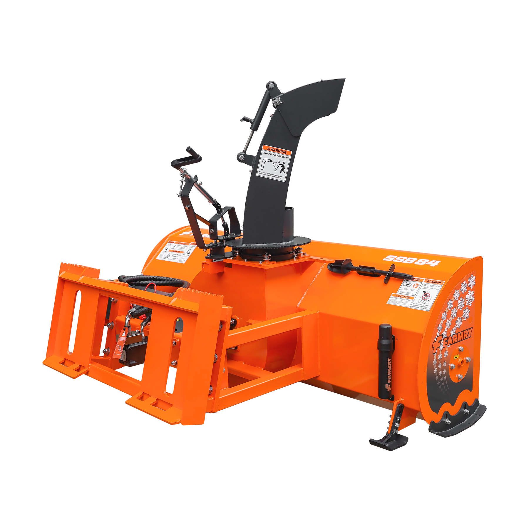 84" Skid Steer Snow Blower, 50-100 HP, REQ. Hydraulic Flow 16-21 GPM, 24" Diameter Impeller, Manual 360° Snow Chute, Snow Shovel for JAM Clearance Included, SSB84