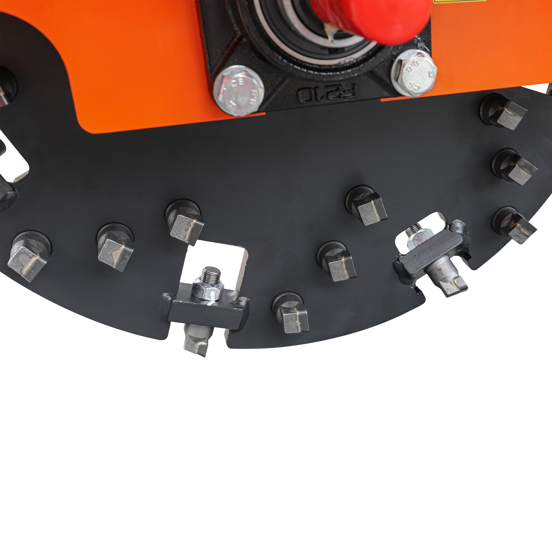 Close-up of the Farmry SG24 Pro 3-Point PTO Stump Grinder, showing its circular blade with 34 carbide teeth and multiple bolts, attached to an orange machine part with a PTO shaft. Features include two torsion springs and a speed indicator. White background.