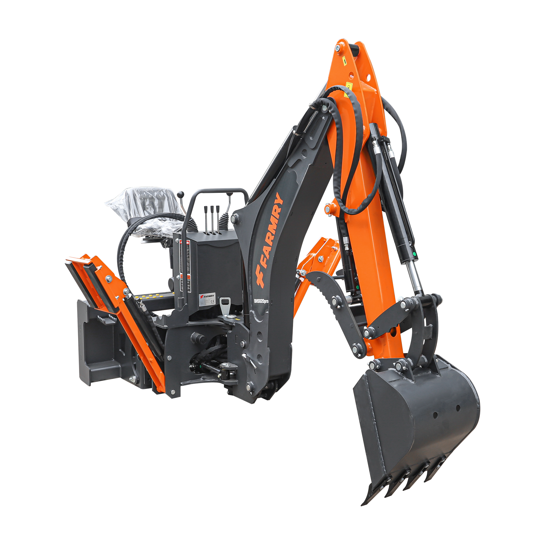 8 '2 " Skid Steer Loader  Backhoe with Curved Boom, Italian Original WALVOIL Seven Way Hydraulic Control Valve, 15" Bucket, Hydraulic Grapple Thumb included, for 30-65 HP , BHS820Pro