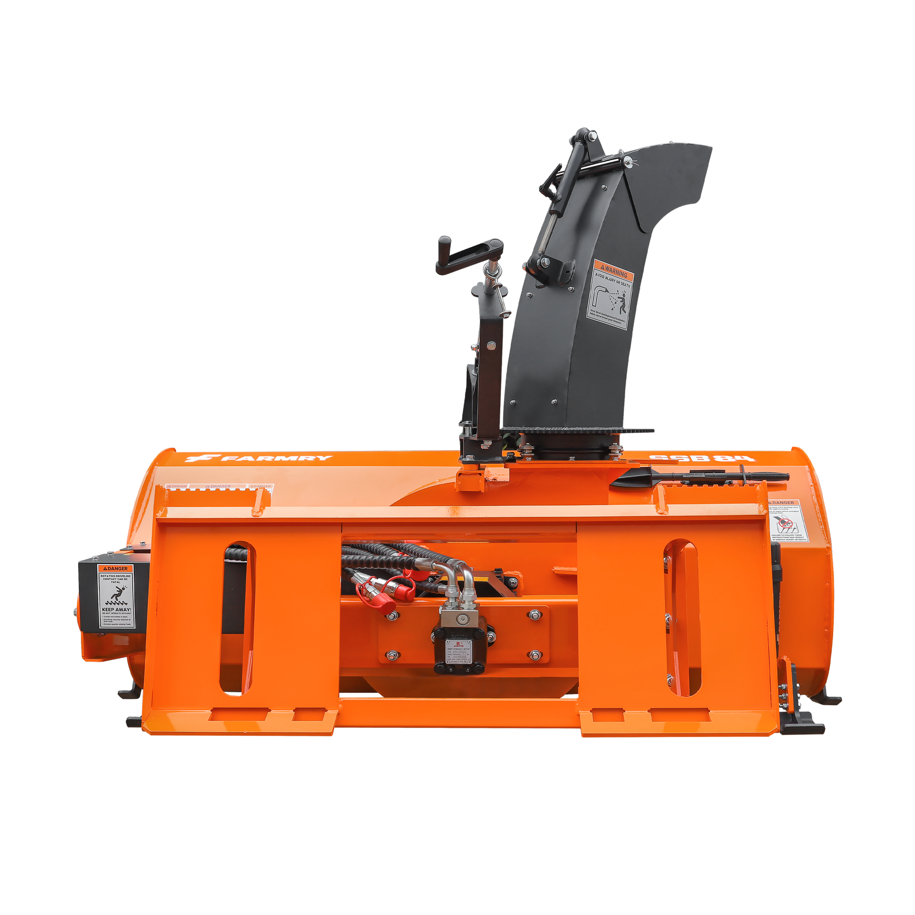 84” Skid Steer Snow Blower, 50-100 HP, REQ.Hydraulic Flow 16 -21GPM , 24” Diameter Impeller, Manual 360° Snow Chute, Snow Shovel for JAM Clearance included,  SSB84