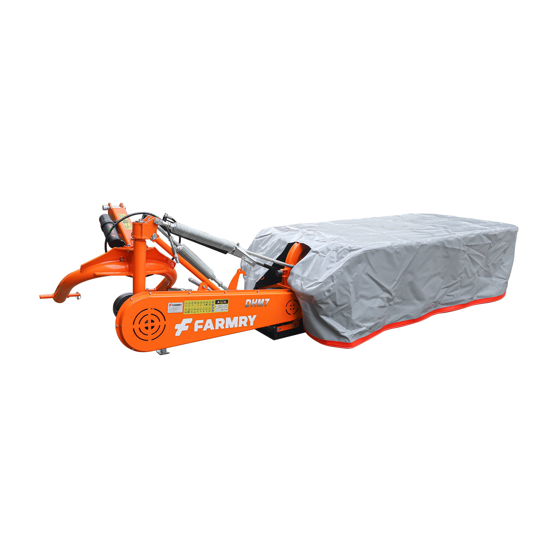 A Farmry 3 Point 81" Disc Mower (DHM7), PTO powered for 35–80HP Category 1 & 2 tractors, with 5 discs, grey and red protective cover, orange chassis, and a covered cutting section, isolated on a white background.