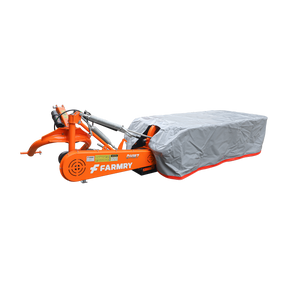 A Farmry 3 Point 81" Disc Mower (DHM7), PTO powered for 35–80HP Category 1 & 2 tractors, with 5 discs, grey and red protective cover, orange chassis, and a covered cutting section, isolated on a white background.
