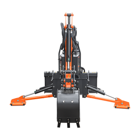 Front view of the Farmry BHS700Pro 7' skid steer loader backhoe with curved boom, Italian WALVOIL 7-way hydraulic control valve, 12" bucket, and hydraulic grapple thumb, for 30-50 HP, black and orange, isolated on white background.