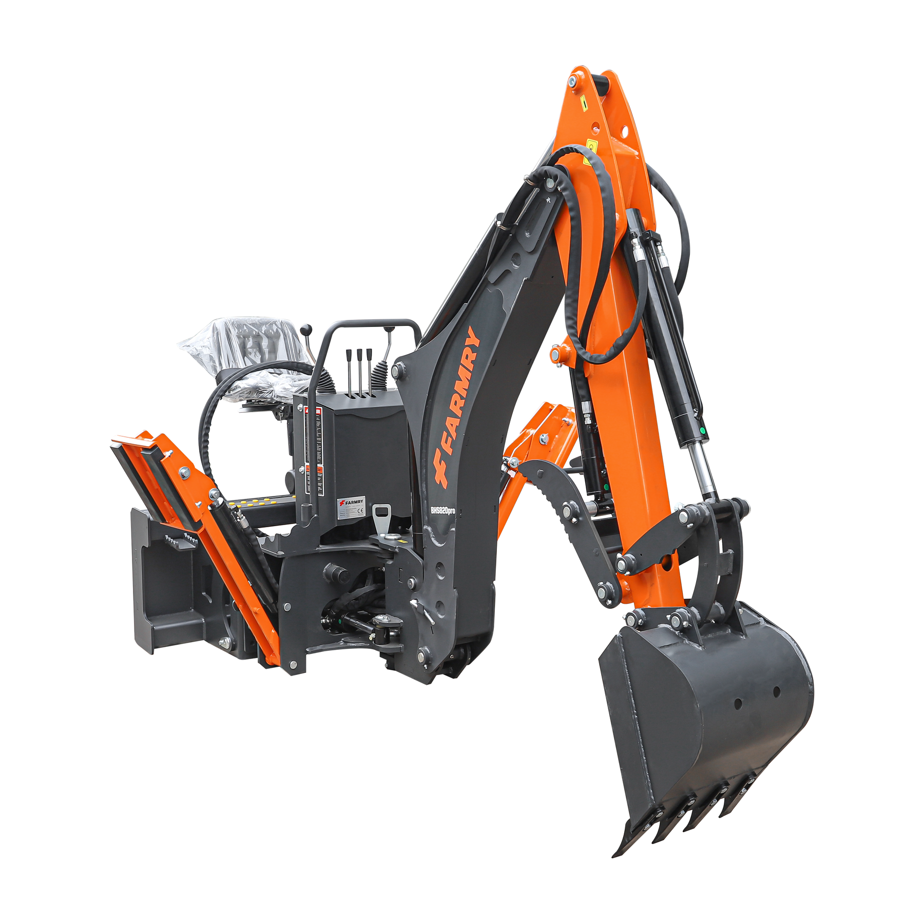 8'2" Skid Steer Loader  Backhoe with Curved Boom, Italian Original WALVOIL Seven Way Hydraulic Control Valve, 15" Bucket, Hydraulic Grapple Thumb included, for 30-75 HP , BHS820Pro