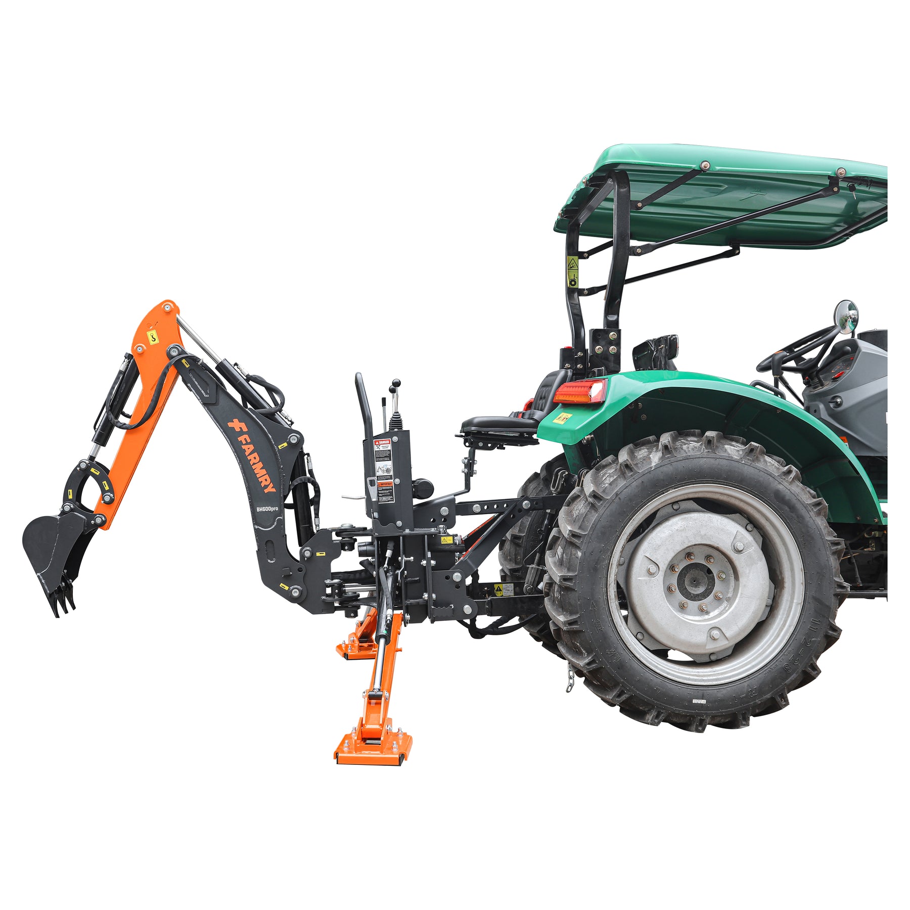 6 ' Compact Tractor Backhoe with Curved Boom, 12" Bucket, Taiwan Original Six Way Hydraulic Control Valve， Self-Contained One-Piece Gear Pump&Hydraulic Reservoir included, for 18-35 HP, Cat 1 Hookup, BH600Pro