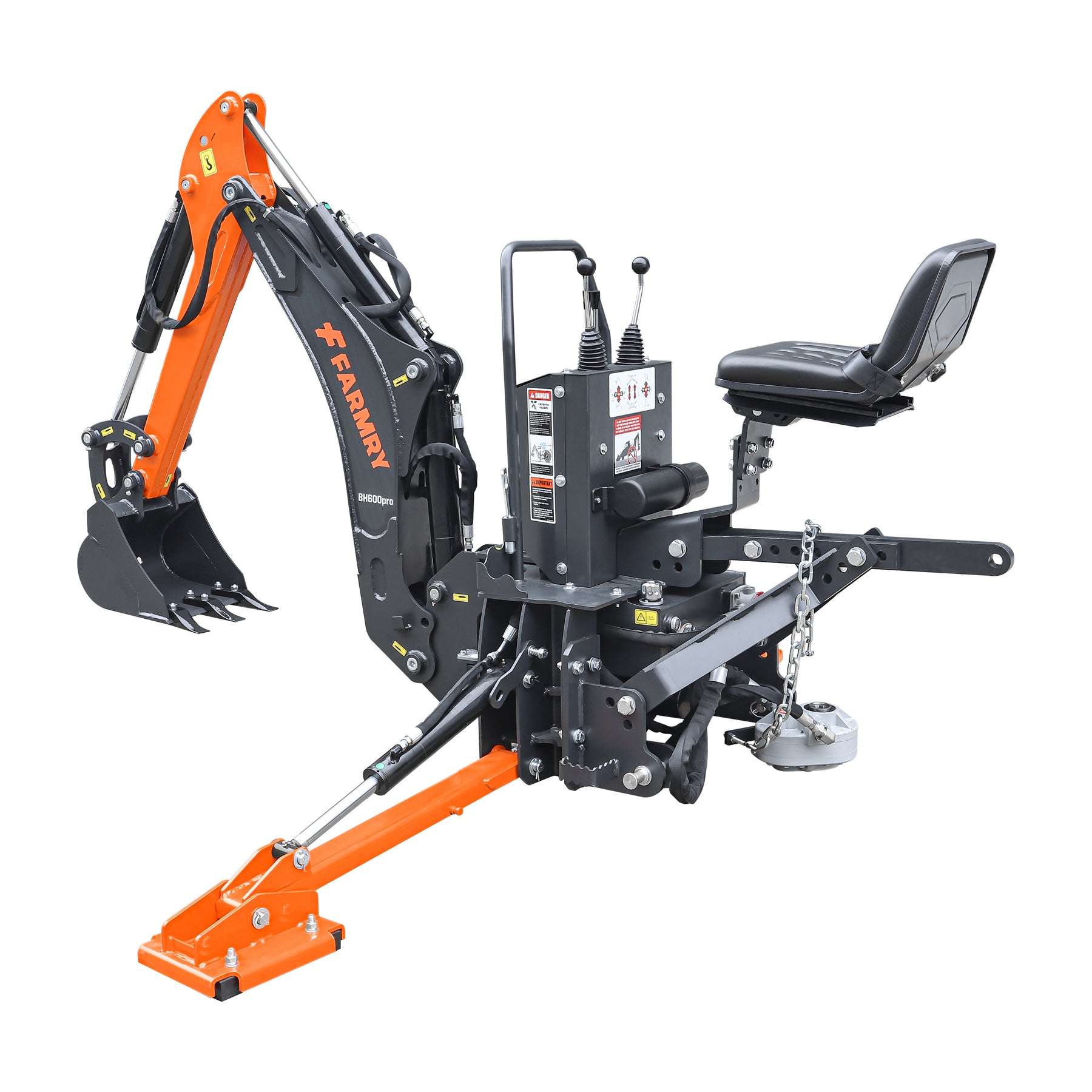 6 ' Compact Tractor Backhoe with Curved Boom, 12" Bucket, Taiwan Original Six Way Hydraulic Control Valve， Self-Contained One-Piece Gear Pump&Hydraulic Reservoir included, for 18-35 HP, Cat 1 Hookup, BH600Pro