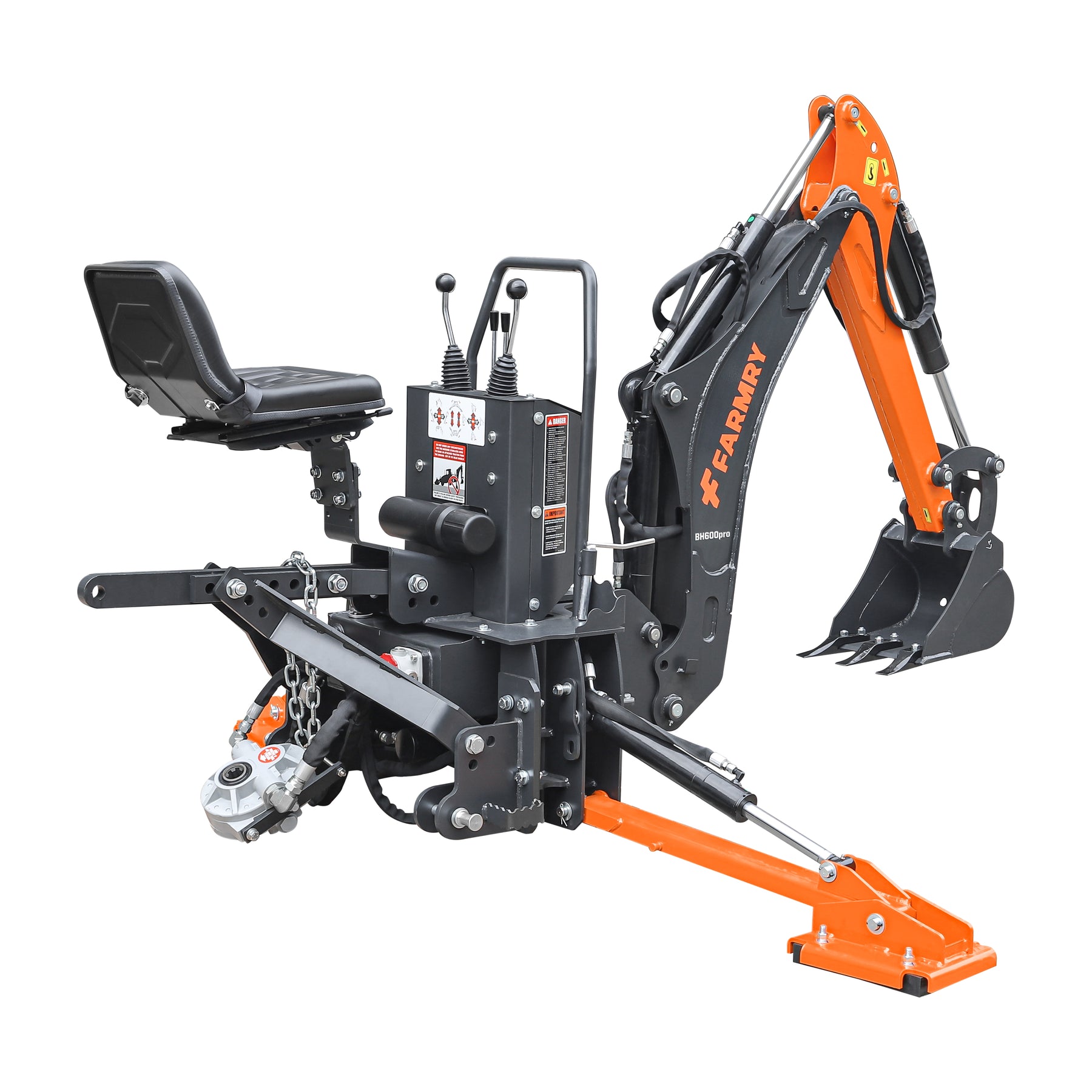 6 ' Compact Tractor Backhoe with Curved Boom, 12" Bucket, Taiwan Original Six Way Hydraulic Control Valve， Self-Contained One-Piece Gear Pump&Hydraulic Reservoir included, for 18-35 HP, Cat 1 Hookup, BH600Pro