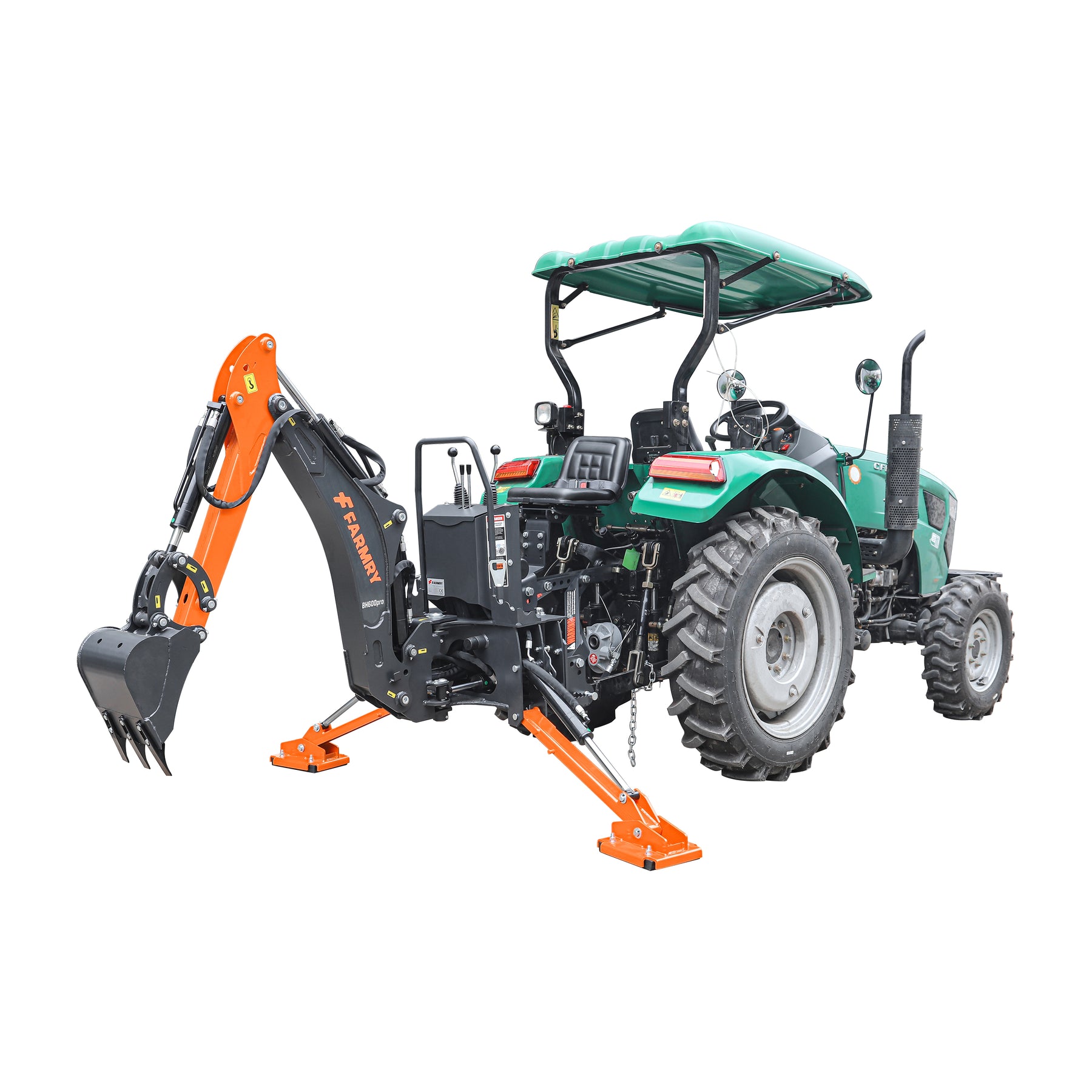 6 ' Compact Tractor Backhoe with Curved Boom, 12" Bucket, Taiwan Original Six Way Hydraulic Control Valve， Self-Contained One-Piece Gear Pump&Hydraulic Reservoir included, for 18-35 HP, Cat 1 Hookup, BH600Pro