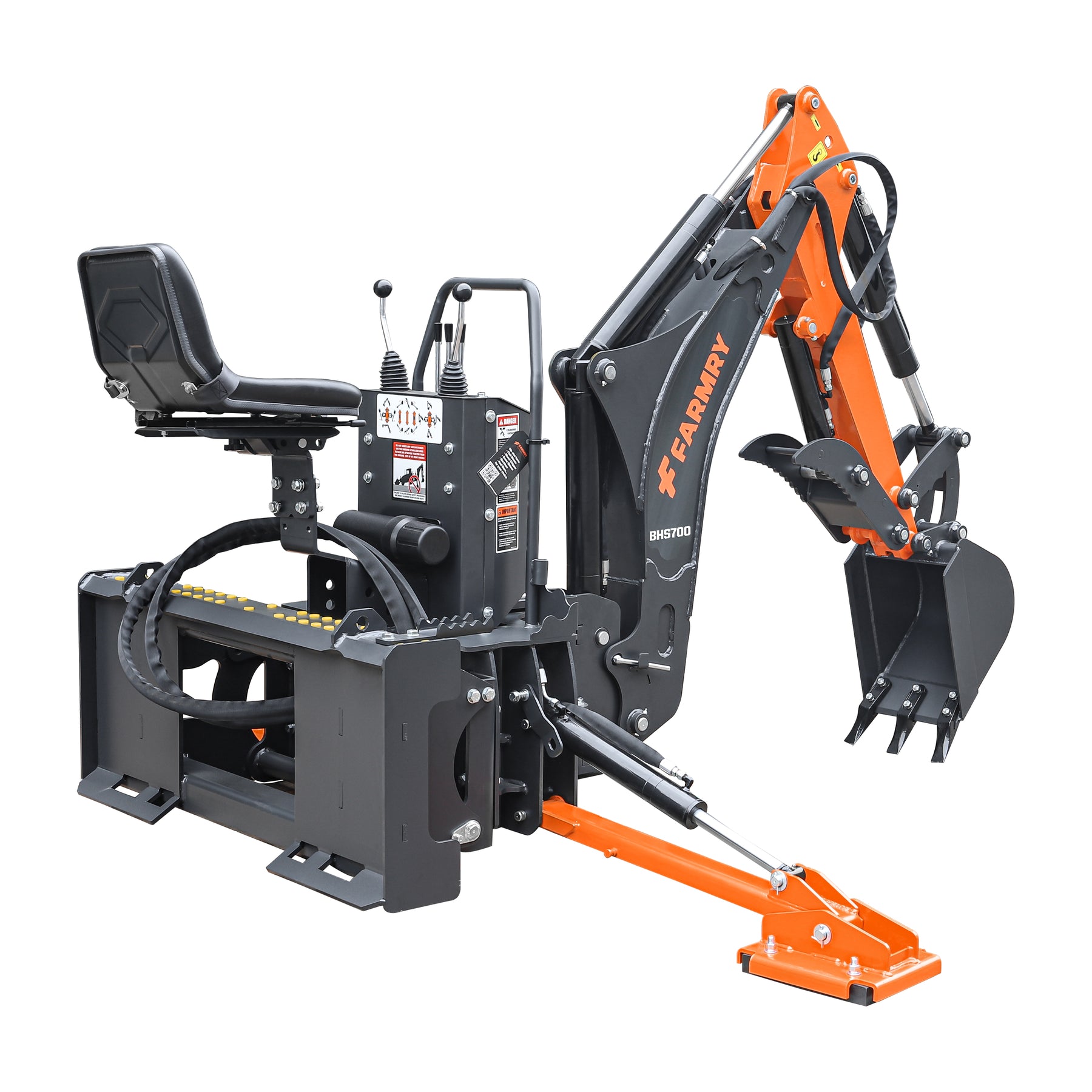 7 ' Skid Steer Loader Backhoe with Curved Boom, 12" Bucket, Hydraulic Grapple Thumb  included, for 30-60 HP , BHS700