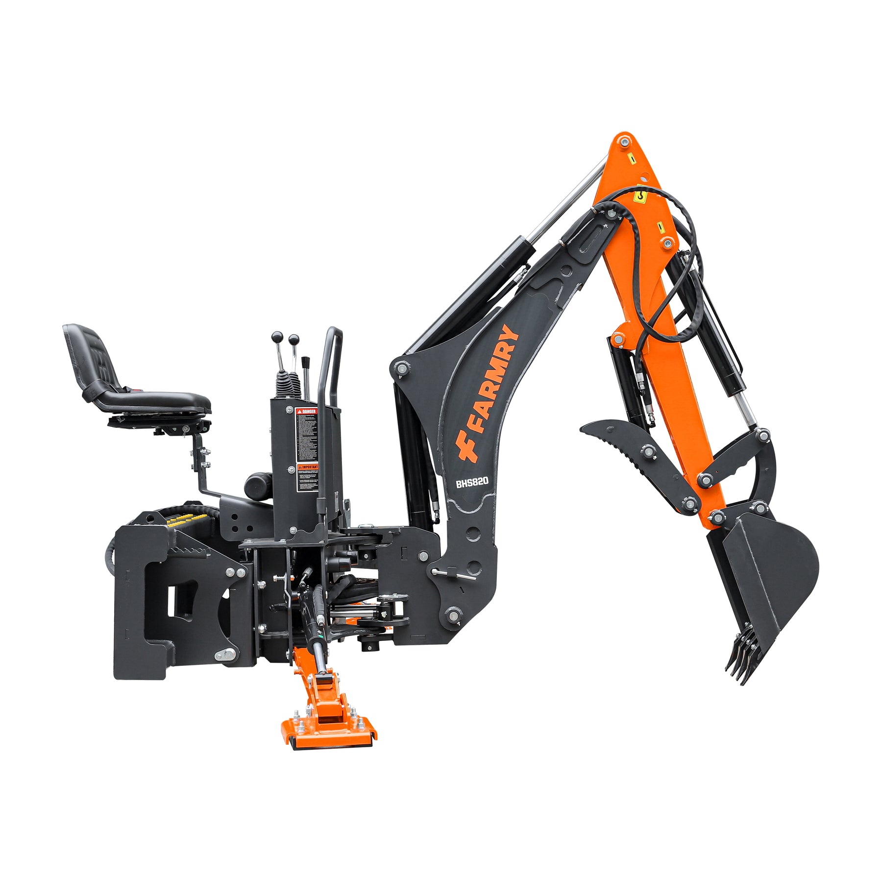 8 '2 " Skid Steer Loader Backhoe with Curved Boom, 15" Bucket, Hydraulic Grapple Thumb included, for 30-75 HP, BHS820