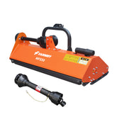 The FARMRY 3 Point 50" Flail Mower (MFS50) for Category 1/2 tractors (20-45HP), PTO powered, features a black protective roller and attachment parts, including a PTO shaft and 3-point linkage, shown on a white background.